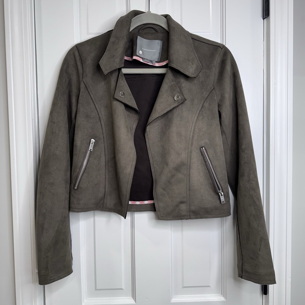 Anthropologie XS Olive Faux Suede Moto Jacket Cropped Zip Front Womens